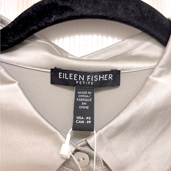 NWT Eileen Fisher Stretch Silk Charmeuse Classic Collar Shirt in Chalk - Picture 7 of 11